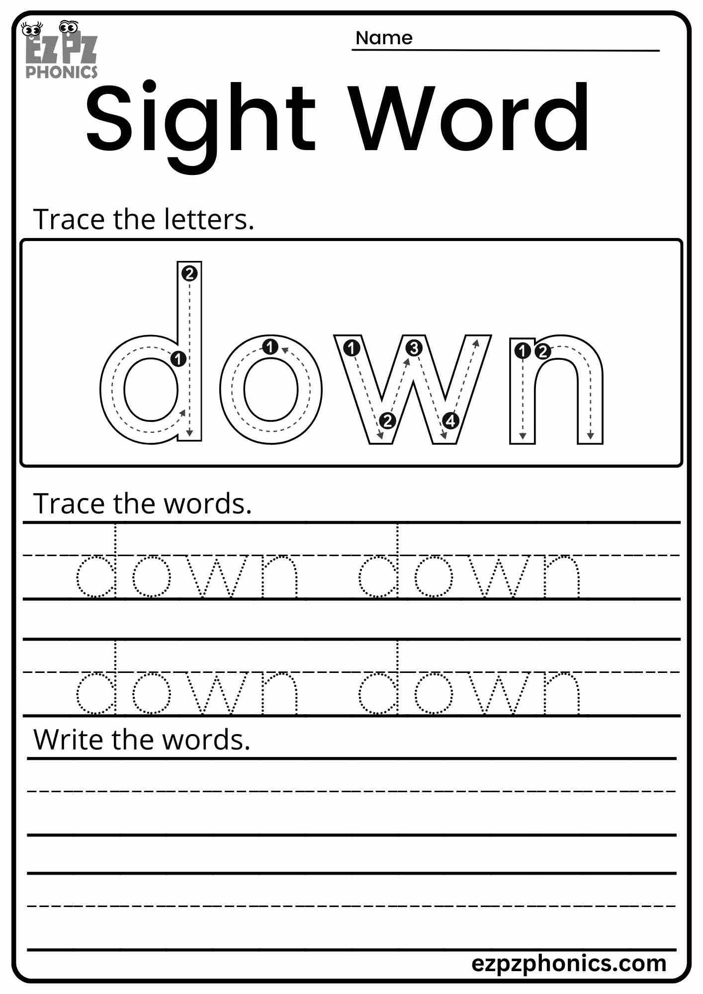 Dolch Sight Word "down" Activity for Early Learners PDF Download